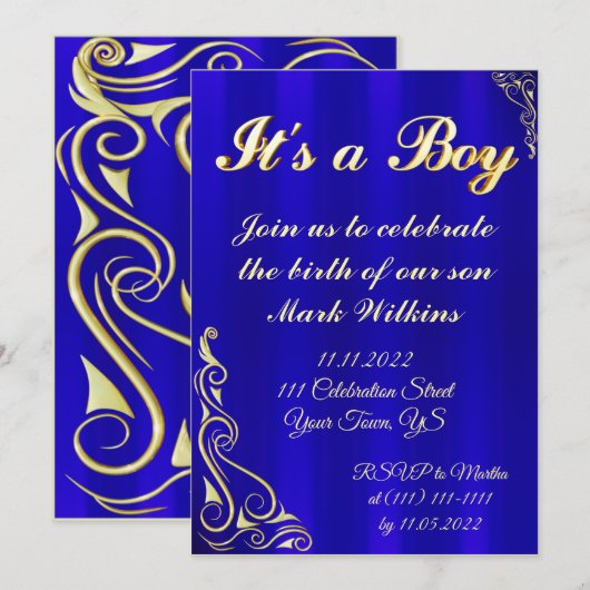 Baby Boy Birth Celebration Gold en Blue Kaart (Voorkant / Achterkant)