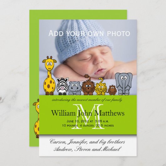 Baby Boy Birth kondigt Oerwoud Dieren Groen aan Aankondiging (Voorkant / Achterkant)