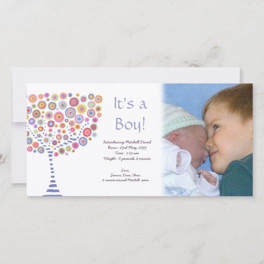 Baby Boy Birth Retro Tree Faire-part Photocard (Devant)