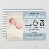 Baby Boy Birth Stats Bleu Faire-part (Devant / Derrière)