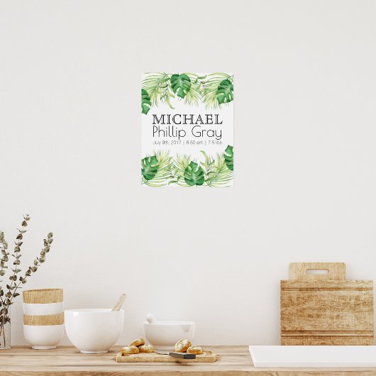 Baby Boy Birth Stats Tropical Green Palms Poster (Cuisine)