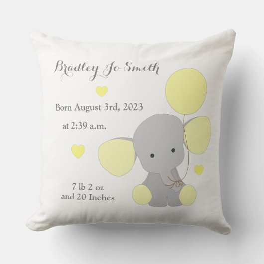 Baby Boy Birth Stats Yellow Grey Elephant Chevron Kussen (Voorkant)