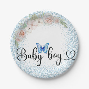 Baby boy blauw glitter en bord bloemen Papieren Bo