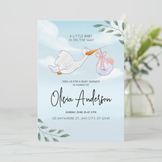 Baby Boy Blauw Ooievaar Boho Baby shower Uitnodigi Kaart (Staand voorkant)