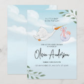 Baby Boy Blauw Ooievaar Boho Baby shower Uitnodigi Kaart (Voorkant / Achterkant)