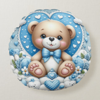 Baby boy blauw teddy rond kussen, kinderkamer deco rond kussen