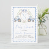 Baby Boy Blauwe Tractor Douche Monogram Crest Kaart (Staand voorkant)