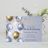 Baby Boy Blue Balloons Baby shower Folie Uitnodiging (Staand Voorkant)