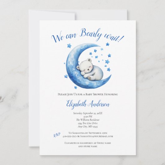 Baby Boy Blue Beer Moon Bearly Wait Baby shower Kaart (Voorkant)