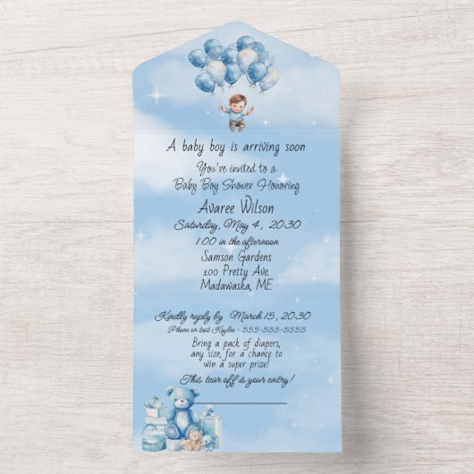 Baby Boy Blue Clouds Ballonnen Douche Uitnodiging (Binnen)
