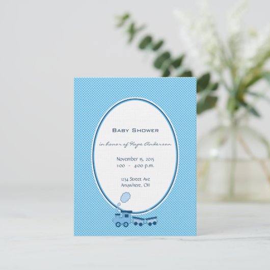 Baby Boy Blue Dot Train Douche Faire-part (Debout devant)