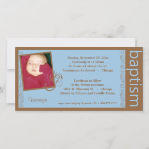 Baby Boy Blue en Brown Baptism Photo Invitation
