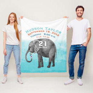 Baby Boy Blue Geboorterecord Stats Elephant Fleece Deken