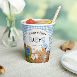 Baby Boy Blue Gingham Hout Bloem Baby Q BBQ Papier Papieren Bekers