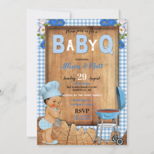 Baby Boy Blue Gingham Wood Flowers Baby Q Barbecue Kaart