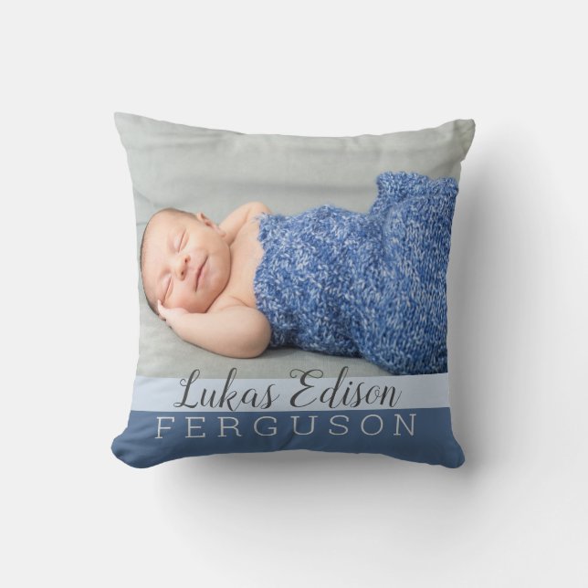 Baby Boy Blue Keepomwille Foto Birth Stats Kussen (Voorkant)