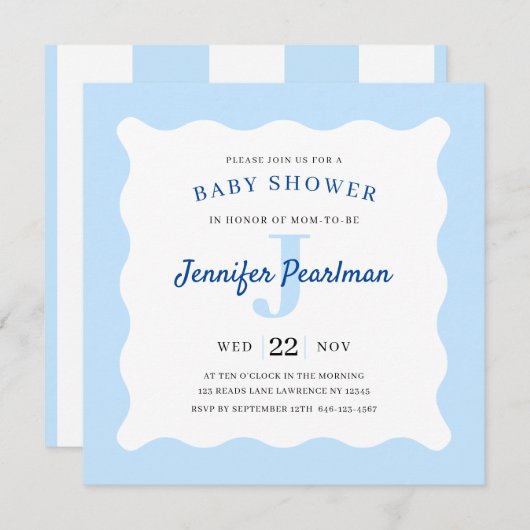 Baby Boy Blue Monogram Douche Invitation (Devant / Derrière)