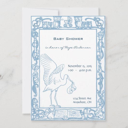 Baby Boy Blue Ooievaar & Uil Rand Douche Kaart (Voorkant)