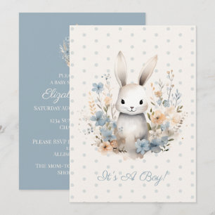 Baby Boy Blue Rabbit and Flowers Baby shower Kaart