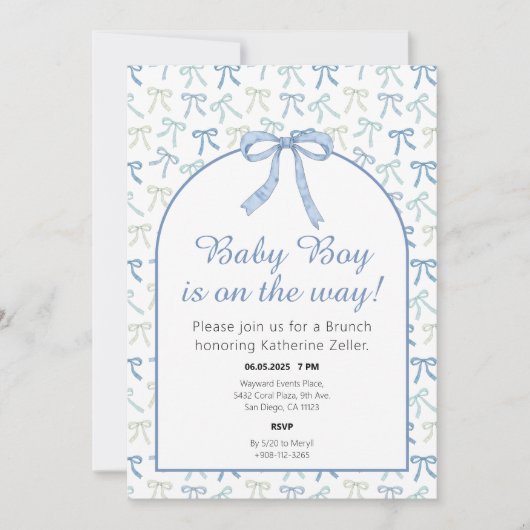 Baby Boy Blue Ribbon Bow Baby shower Invitation (Devant)