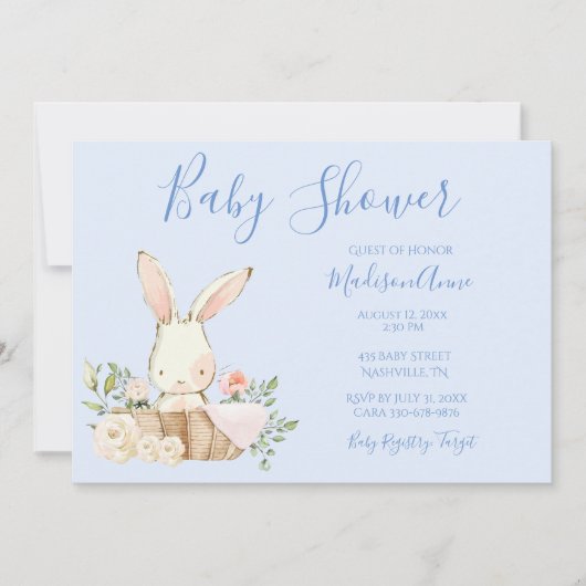 Baby Boy Blue Script Cute Bunny Baby Invitation Kaart (Voorkant)