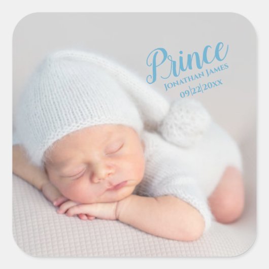Baby Boy Blue Script Foto Birth Keepomwille Vierkante Sticker (Voorkant)
