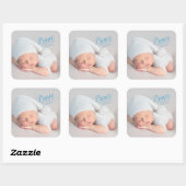 Baby Boy Blue Script Foto Birth Keepomwille Vierkante Sticker (Vel)