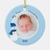 Baby Boy Blue Snowman eerste kerstfoto Keramisch Ornament (Voorkant)
