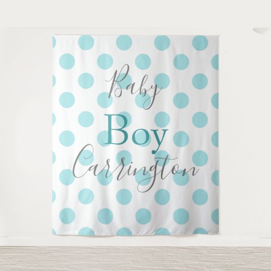 Baby Boy Blue Stippen Script Baby Shower Wandkleed (Voorkant)