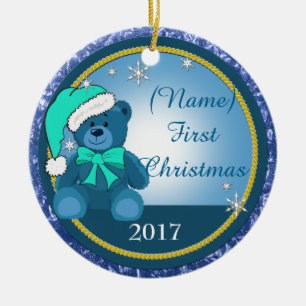 Baby Boy Blue Teddy Bear Persoonlijk Kerstmis Keramisch Ornament