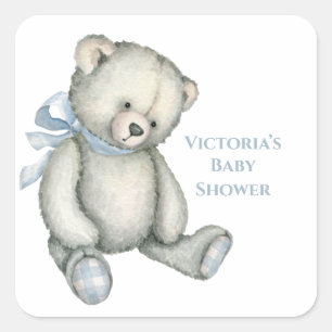 Baby Boy Blue Teddybeer Waterverf Babyshower Vierkante Sticker