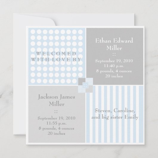 Baby Boy Blue Twin Modern Foto Aankondiging (Voorkant)