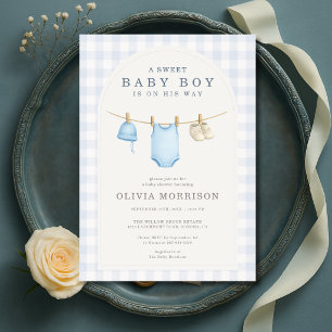 Baby Boy Blue Waskleine Gingham Baby Shower Kaart