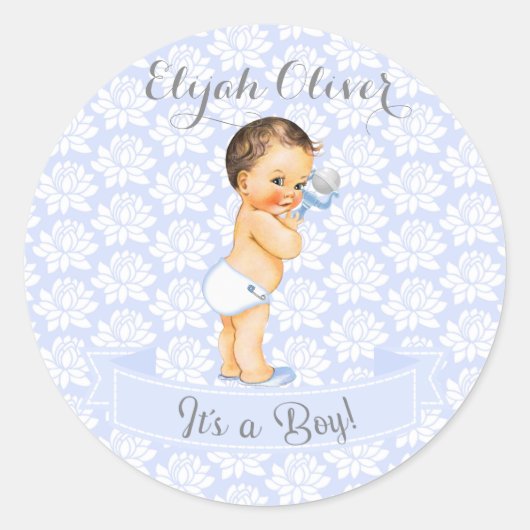 Baby Boy Blue White en grijs Ronde Sticker (Voorkant)