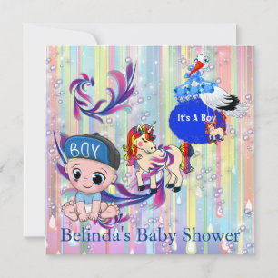 Baby Boy Bubbles & Unicorns Butterfly Invitation Notitiekaartje