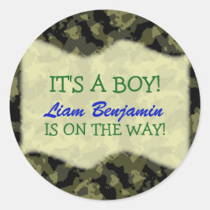Baby Boy - Camo Thmed Baby shower Ronde Sticker