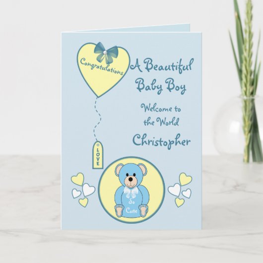 Baby Boy Card tedy beer blauw en geel Kaart (Voorkant)