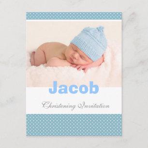 Baby boy christenen uitnodiging, blauw, witte polk kaart