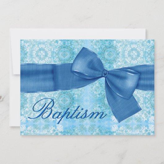 Baby Boy Christening Blue Damask Faux Bow Kaart (Voorkant)