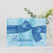Baby Boy Christening Blue Damask Faux Bow Kaart (Staand voorkant)