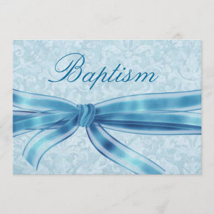Baby Boy Christening Blue Damask Linen Paper Kaart