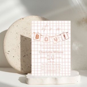 Baby-boy Cute Invitation Bain Marron Vichy Notedry