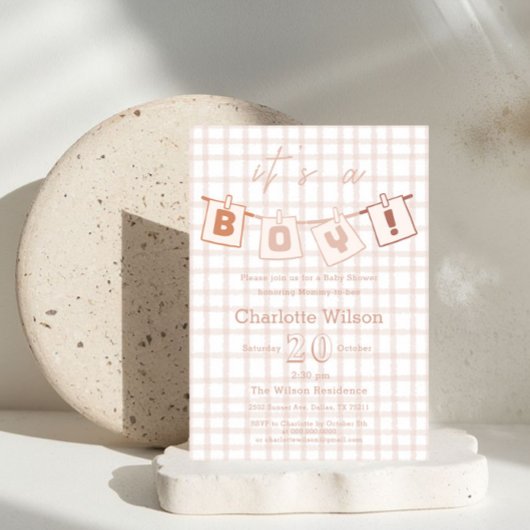 Baby-boy Cute Invitation Bain Marron Vichy Notedry