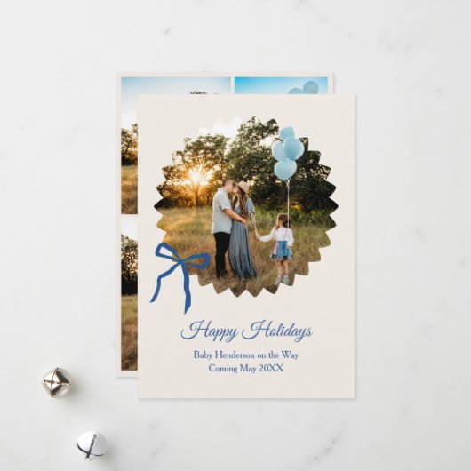 Baby Boy de Noël Faire-part Bleu Bow (Devant/Arrière en situation)