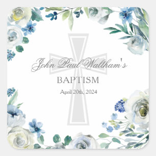 Baby Boy Doop Schattige Blauw Bloemen Religieus Kr Vierkante Sticker