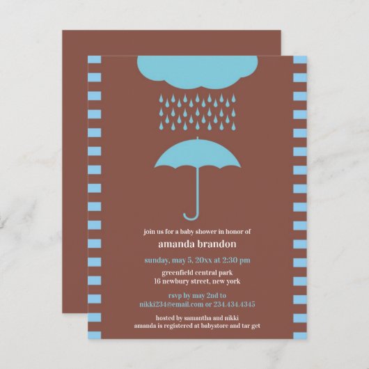 Baby Boy Douche Blauwe Paraplu Uitnodiging (Voorkant / Achterkant)