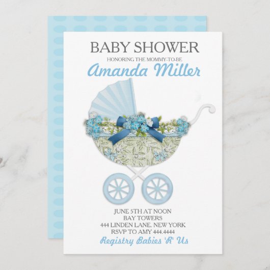 Baby Boy Douche Carriage Invitations (Devant / Derrière)