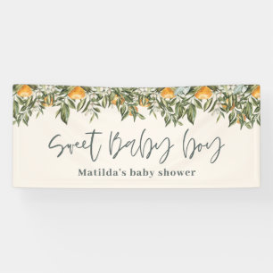 Baby boy douche citrus oranje botanische bladeren spandoek