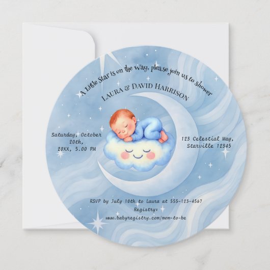 Baby Boy Douche Invitation Lune Étoiles Aquarelle (Devant)
