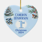 Baby Boy Eerste Kerst Custom Foto Hart Gift Keramisch Ornament (Achterkant)